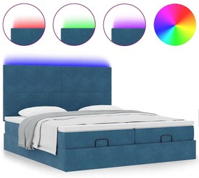 Cama otomana com colchões/LEDs 200x200 cm veludo azul-escuro