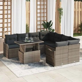 Conjunto de Sofá de Jardim de 9 Peças com Almofadas Cinza Polivime