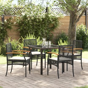 Conjunto de Jantar de Jardim 5 Peças com Almofadas Preto Vime PE