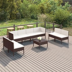 vidaXL 9 pcs conjunto lounge jardim c/ almofadões vime PE castanho