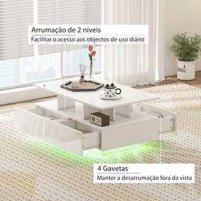 Mesa de Centro Moderna com LED 4 Gavetas Prateleira Aberta e Luzes LED de 16 Cores 90x55x41 cm Branco Brilhante
