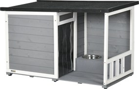 PawHut Casota em madeira maciça, com 2 tigelas, varanda, resistente às intempéries, 103 cm x 62 cm x 66 cm, Cinza + Branco | Aosom Portugal