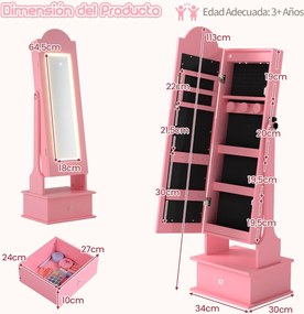 Armário para joias infantil 34 x 30 x 113 cm com espelho de corpo inteiro e 2 ângulos ajustáveis, 4 luzes internas, para meninas rosa