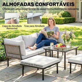 Conjunto de Jardim Exterior de 6 peças com Sofá de 2 Lugares Módulo de Canto 2 Assentos Apoio para Pés e Mesa de Vidro Cinza Claro