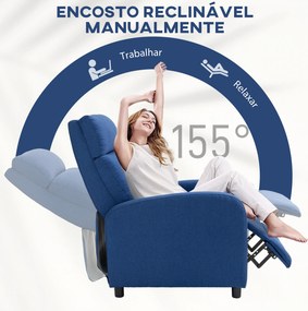 Poltrona Relax Reclinável até 155° Poltrona Reclinável Manual para Pessoas com Altura Inferior 195 cm 67x87x98 cm Azul Escuro