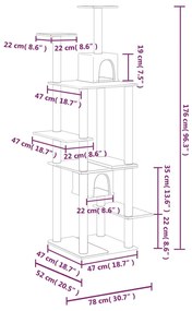 Árvore p/ gatos c/ postes arranhadores sisal 176cm cinza-escuro