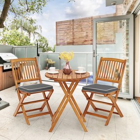 Conjunto dobrável para Jardim Bistro Mesa e cadeiras de madeira dobráveis com almofadas macias para terraço jardim Cinzento e Castanho