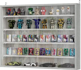 Vitrine de parede para objetos de coleção com 4 prateleiras reguláveis em altura e 2 portas de correr 80 x 9,5 x 60 cm cinzenta