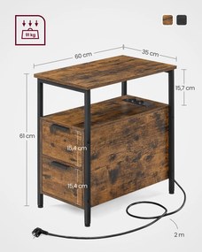 Mesa de apoio com 2 tomadas eléctricas e 2 portas USB e 2 gavetas 60 x 35 x 61 cm castanho vintage - preto
