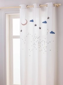 Cortinado translúcido, ilhós e grinalda com nuvens e estrelas branco liso com decoração