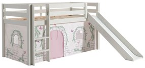 Conjunto Cama alta de Criança PINO 90 x 200 cm + estrado + escada + escorrega + cortina Pássaros branca