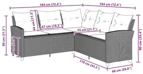 Sofá-sofá em forma de L com almofadas vime PE cinza