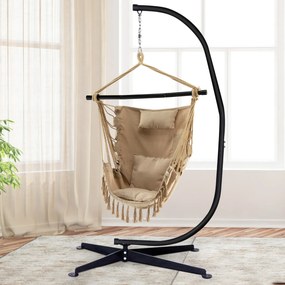 Cadeira de rede Cadeira de baloiço suspensa com almofada macia com barra de apoio para pátio de casa Grande capacidade 150 kg Bege