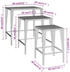 Mesas de encastrar 3 pcs vime PE preto