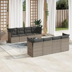 9 pcs conjunto sofás p/ jardim com almofadões vime PE cinzento