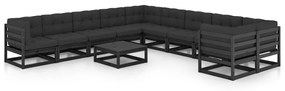 vidaXL 11 pcs conjunto longue jardim c/ almofadões pinho maciço preto