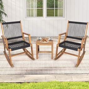 Conjunto jardim mesa de centro e cadeiras de baloiço em madeira de acácia trançada preta e natural