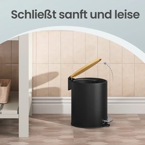 Caixote do lixo para casa de banho de 6 litros, com tampa de bambu, com pedal Preto