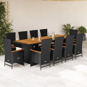 vidaXL 11 pcs conjunto de jantar p/ jardim c/ almofadões vime PE preto