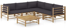 6 pcs conj. lounge jardim em bambu c/ almofadões cinza-escuro