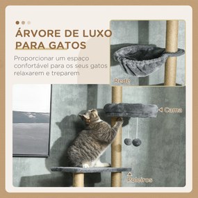 Arranhador para Gatos do Solo ao Teto de 230-250 cm  com Altura Ajustável Múltiplas Plataformas Rede Bolas Suspensas Cinza