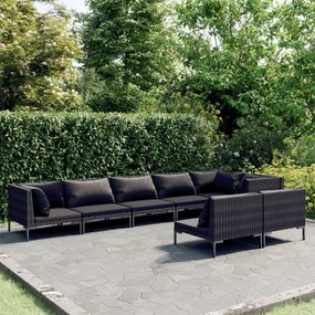 vidaXL 8 pcs conj. lounge jardim c/ almofadões vime PE cinzento-escuro
