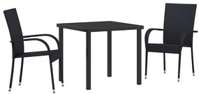 Conjunto de Jantar para Jardim 3 pcs Preto Rattan de PE