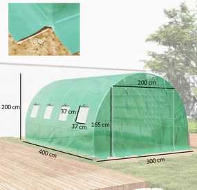 Lona de substituição para estufa em túnel de 12 m² (4 x 3 x 2 m) (ESTRUTURA NÃO INCLUIDA), PE anti-UV, impermeável, com 8 janelas + porta enrolável co
