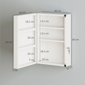 Armário de Medicamentos de Parede com 6 Compartimentos Fechadura e 2 Chaves para Casa de Banho e Cozinha 40x18x60 cm Branco