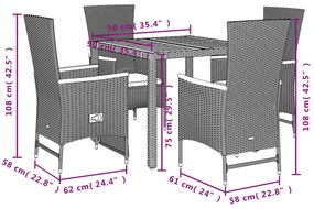 5 pcs conjunto de jantar p/ jardim c/ almofadões vime PE preto