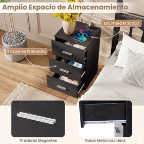 Conjunto de 2 mesas de cabeceira com estação de carregamento 38 x 35 x 66 cm , 3 gavetas, porta USB pretas