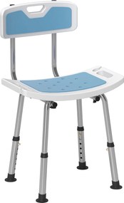 HOMCOM Cadeira de Duche para Idosos com Encosto e Altura Ajustável em 6 Níveis, Carga Máxima de 136 kg Azul Claro e Branco | Aosom Portugal