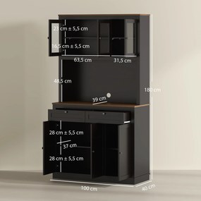 Armário de Cozinha com 3 Portas de Vidro Compartimento Aberto 2 Gavetas e Prateleiras Ajustáveis 100x40x180 cm Preto