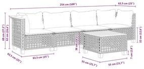 5 pcs conjunto sofás de jardim c/ almofadões vime PE cinzento