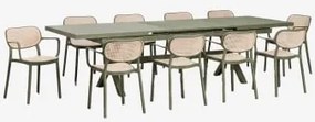 Conjunto De Mesa Retangular Extensível Karena 240-300x100 Cm E 10 Cadeiras De Jardim Empilháveis Com Apoios De Braços Omara Verde Azeitona Intenso -