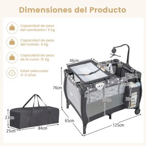 Berço de viagem para bebés 3 em 1 com trocador de fraldas, colchão removível 125 x 65 x 76 cm Cinzento