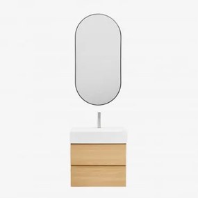 Conjunto De Móvel De Casa De Banho Em Madeira E Chapa De Freixo Com Lavatório Integrado Ona Madeira Natural & Ovale Led E Antifog Preto - Sklum