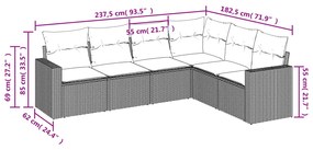 6 pcs conj. sofás jardim com almofadões vime PE cinzento-claro