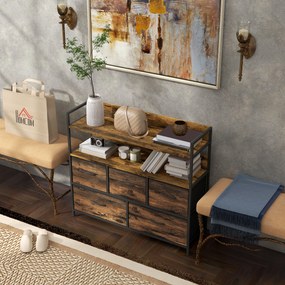 Cómoda, móvel de arrumação, com 5 gavetas em tecido dobráveis e removíveis e prateleiras, 98 x 29 x 85 cm, castanho rústico