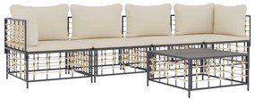 5 pcs conjunto lounge de jardim c/ almofadões vime PE antracite