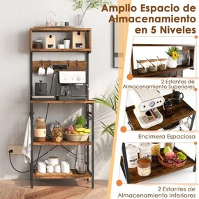 Estante de cozinha com encaixe micro-ondas Com 2 tomadas com prateleiras abertas Ganchos 60 x 42 x 153 cm Castanho