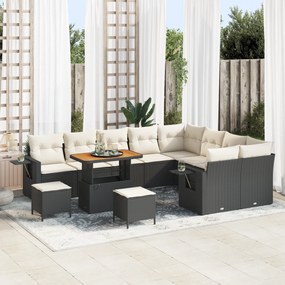 vidaXL Conjunto de Sofá de Jardim com 12 Peças e Almofadas Pretas de Vime Sintético e Acácia