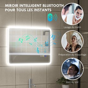 Espelho de casa de banho LED com Bluetooth, 50 x 70 cm, interruptor tátil, iluminação regulável, 3 cores, anti-embaciamento, memória, prateado