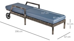 Espreguiçadeira de vime com almofadas acolchoadas Encosto ajustável em 5 posições 2 rodas 67x196x51 cm Cinza