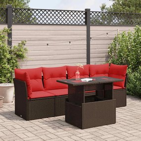 5 pcs conj. sofás jardim c/ almofadões vime PE/acácia castanho