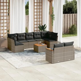 10 pcs conjunto sofás de jardim c/ almofadões vime PE cinzento
