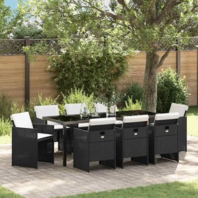 vidaXL Conjunto de Jantar de 9 Peças com Almofadas Preto Rattan Poliéster