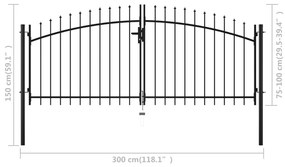 Portão de cerca com porta dupla e topo em lanças 300x150 cm