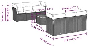 7 pcs conjunto de sofás p/ jardim c/ almofadões vime PE preto