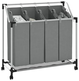 Cesto para roupa suja com rodas 4 compartimentos cinzento